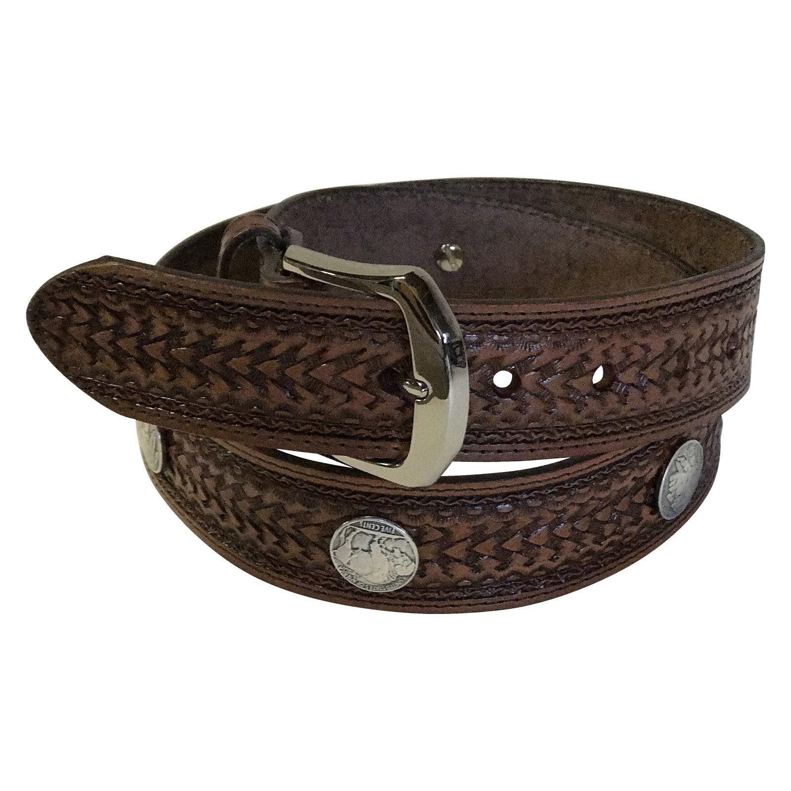 Tooled Basket Weave Genuine Leather Western Belt with Buffalo Nickels - Flyclothing LLC