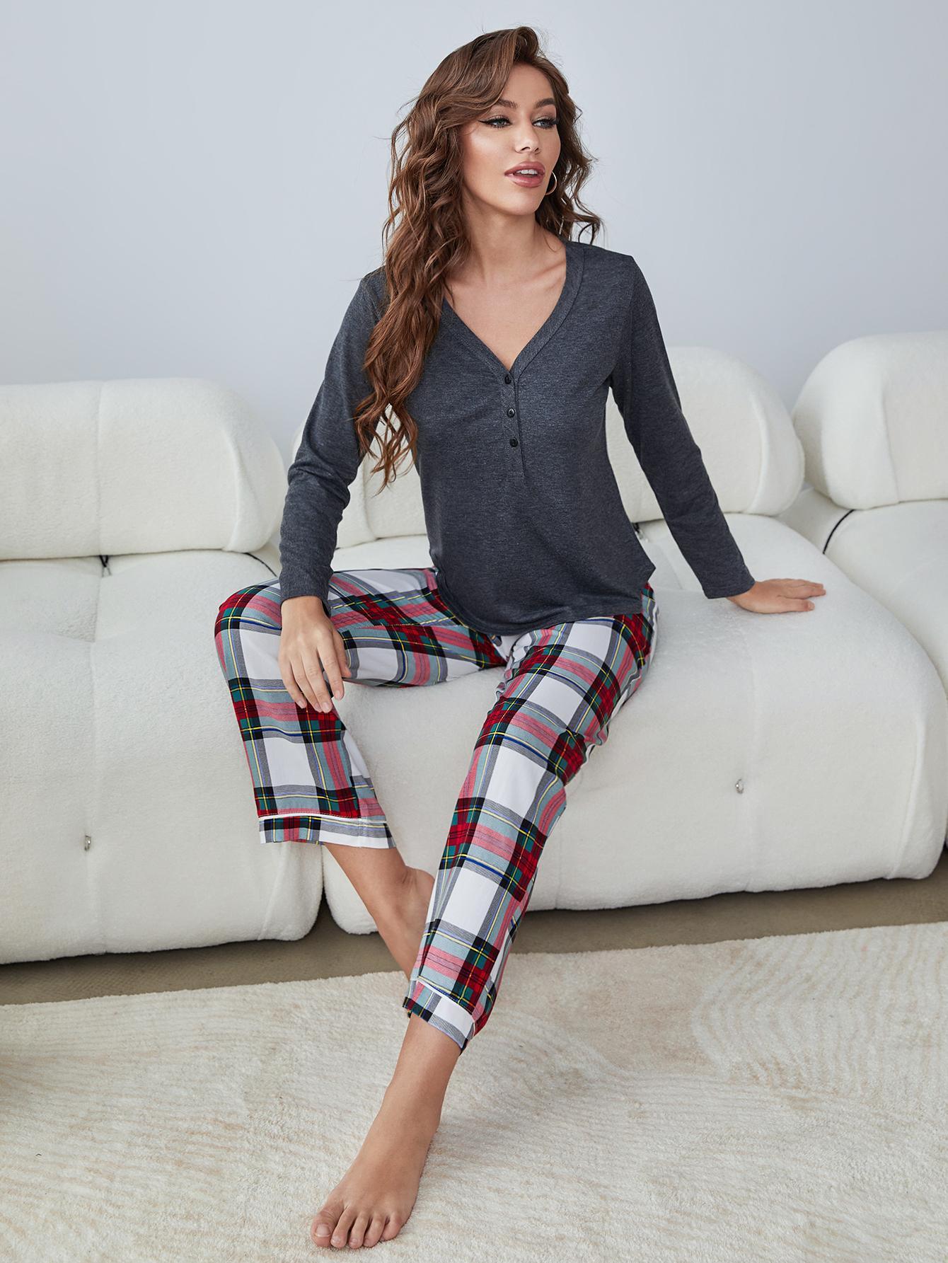 Buttoned Long Sleeve Top and Plaid Pants Lounge Set - Flyclothing LLC