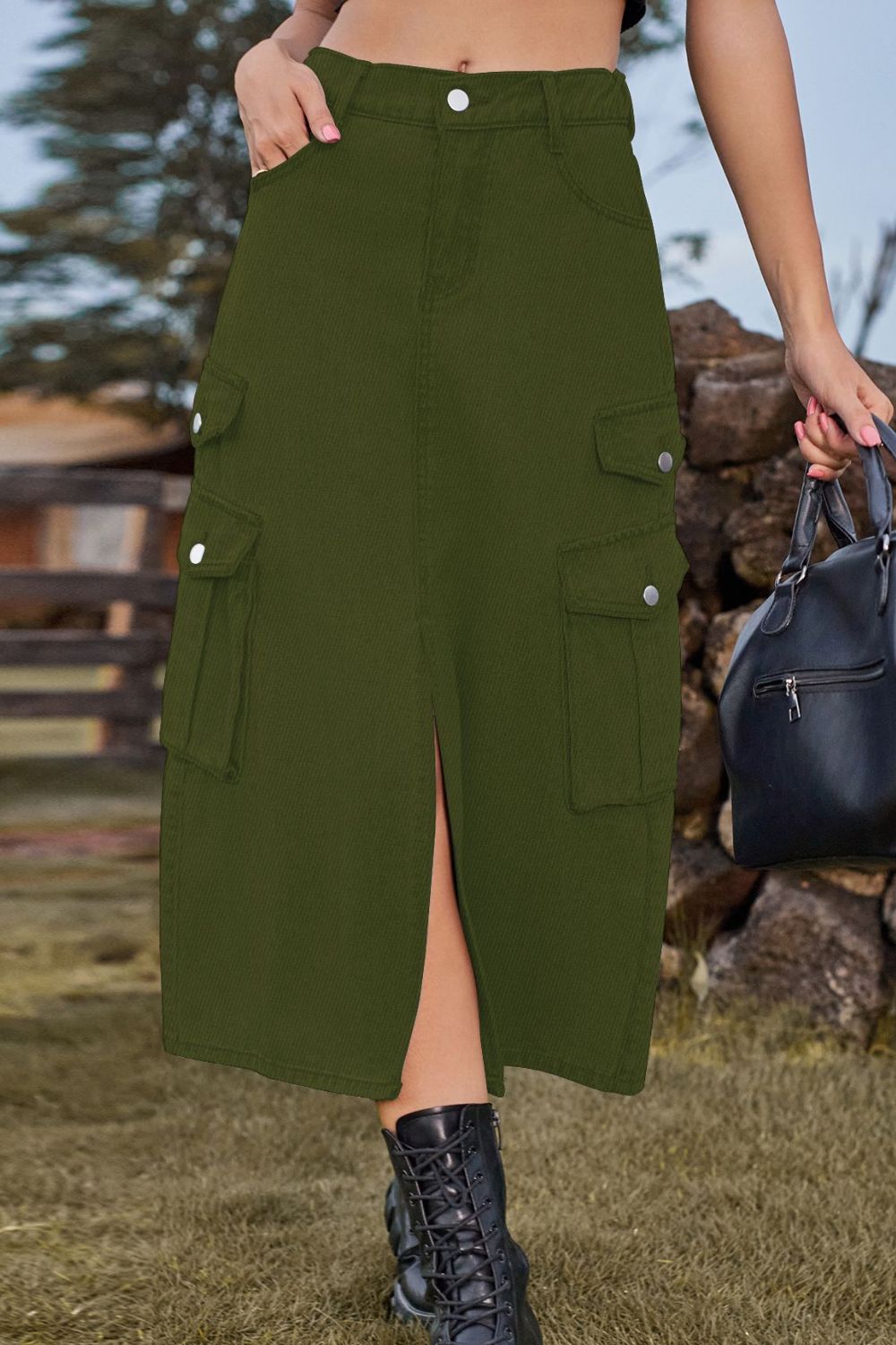 Slit Front Midi Denim Skirt with Pockets - Flyclothing LLC