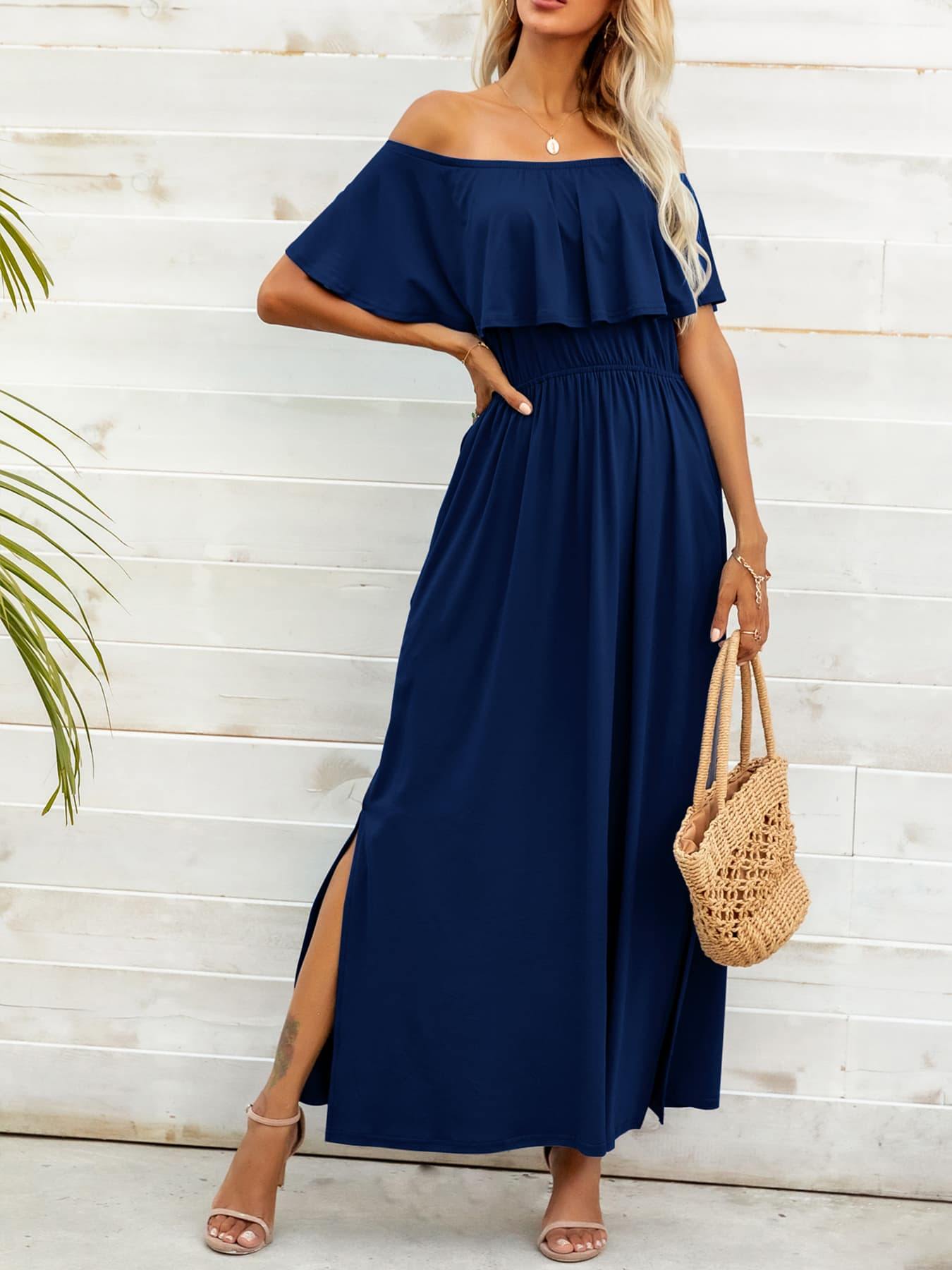 Off-Shoulder Slit Maxi Dress - Flyclothing LLC