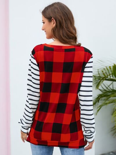 Plaid Striped Round Neck Long Sleeve T-Shirt - Flyclothing LLC