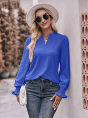 Eyelet Notched Neck Flounce Sleeve Blouse - Trendsi