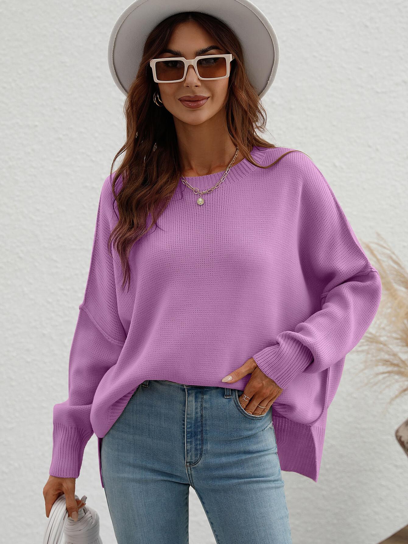 Exposed Seam Dropped Shoulder Slit Sweater - Trendsi