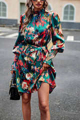 Printed Tie Waist Mock Neck Lantern Sleeve Dress - Flyclothing LLC