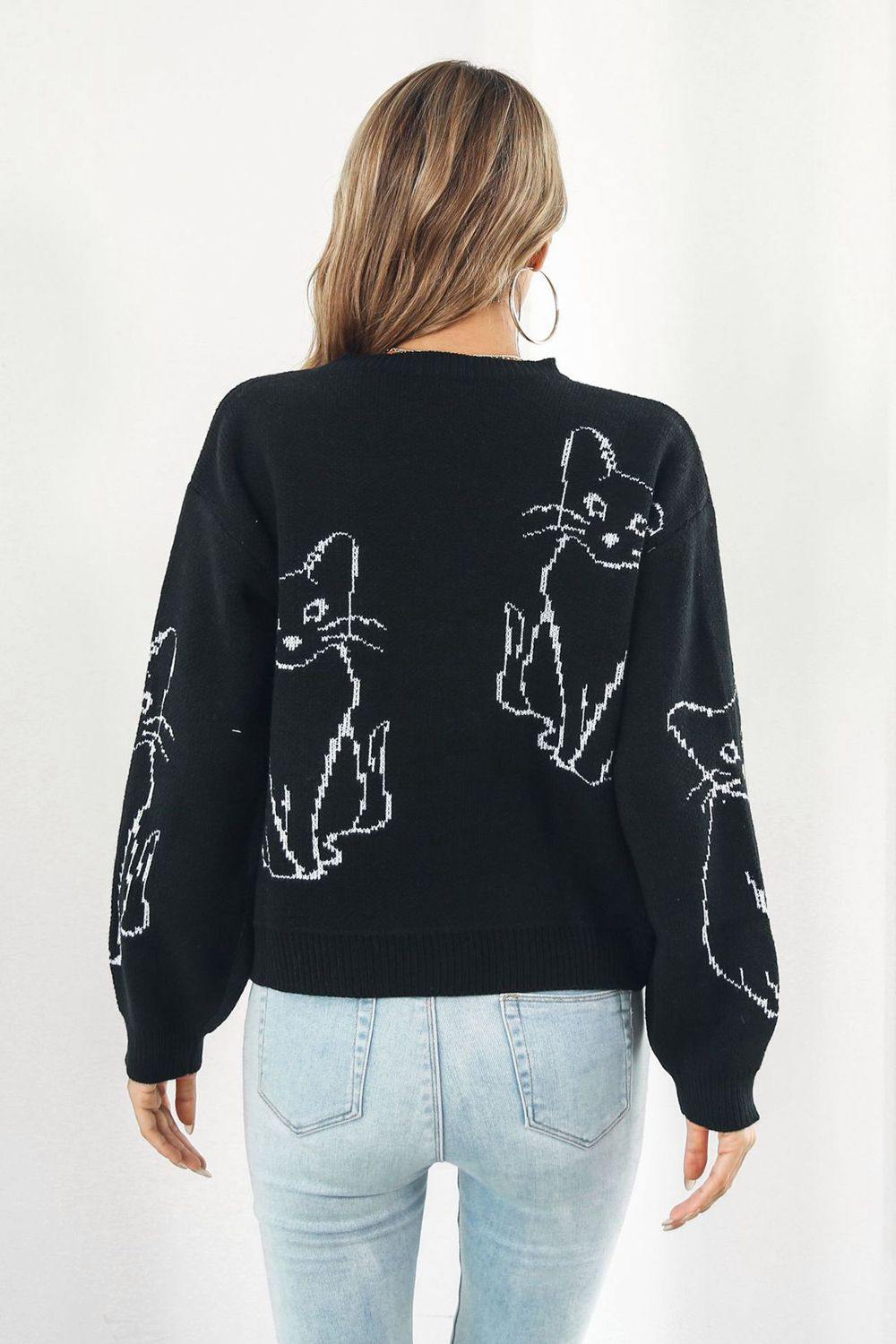 Cat Pattern Round Neck Long Sleeve Pullover Sweater - Flyclothing LLC