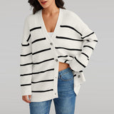 Striped V-Neck Long Sleeve Cardigan - Flyclothing LLC