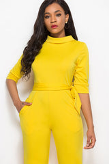 Mock Neck Tie-Waist Half Sleeve Jumpsuit - Flyclothing LLC