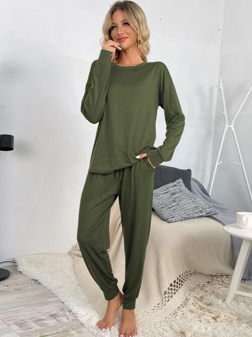 Round Neck Top and Drawstring Pants Lounge Set - Flyclothing LLC