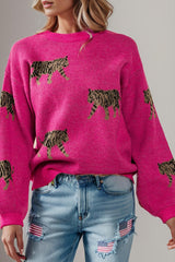 Tiger Pattern Round Neck Drop Shoulder Sweater - Flyclothing LLC