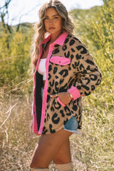 Leopard Contrast Teddy Shacket with Pockets - Flyclothing LLC