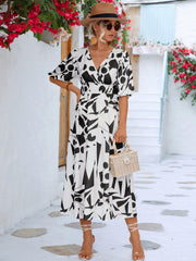 Printed Surplice Balloon Sleeve Dress - Flyclothing LLC