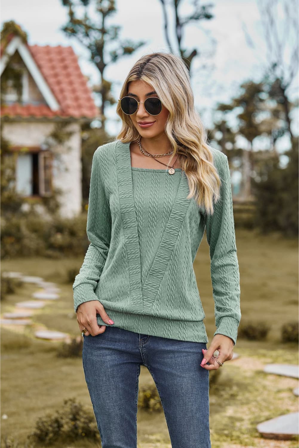 Square Neck Long Sleeve Blouse - Flyclothing LLC