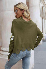 Flower Distressed Long Sleeve Sweater - Flyclothing LLC