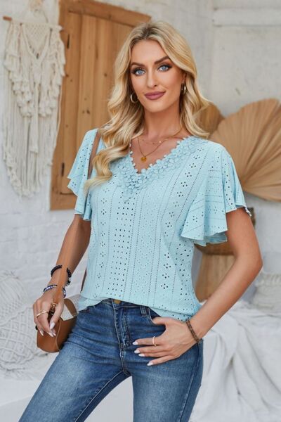 Eyelet Applique V-Neck Cap Sleeve T-Shirt - Flyclothing LLC