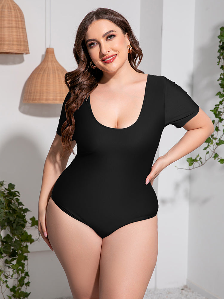 Plus Size Scoop Neck Short Sleeve One-Piece Swimsuit - Flyclothing LLC