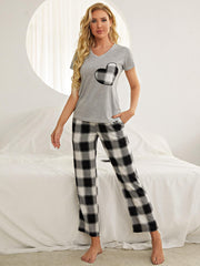 Plaid Heart Tee and Pants Lounge Set with Pockets - Flyclothing LLC