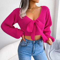 Tie-Front Rib-Knit Cropped Sweater - Flyclothing LLC