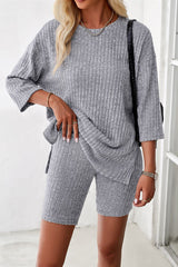 Ribbed Round Neck Top and Shorts Set - Flyclothing LLC