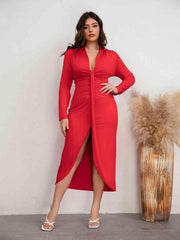 Plus Size Plunge Ruched Slit Dress - Flyclothing LLC