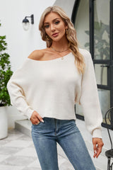 Boat Neck Horizontal Ribbing Dolman Sleeve Sweater - Flyclothing LLC