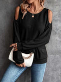 Round Neck Cold-Shoulder Waffle-Knit Top - Trendsi