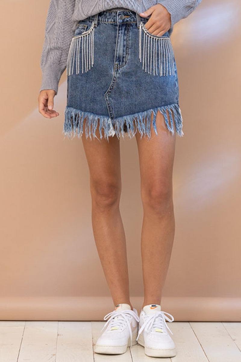 Rhinestone Fringe Denim Skirt Flyclothing LLC