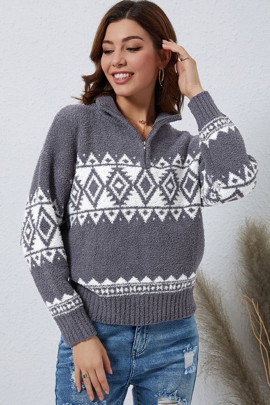 Zip-Up Geometrical Pattern Pullover Sweater - Flyclothing LLC