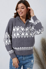 Zip-Up Geometrical Pattern Pullover Sweater - Flyclothing LLC