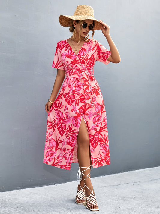 Floral Print High Slit Surplice Neck Tie Waist Midi Dress - Flyclothing LLC