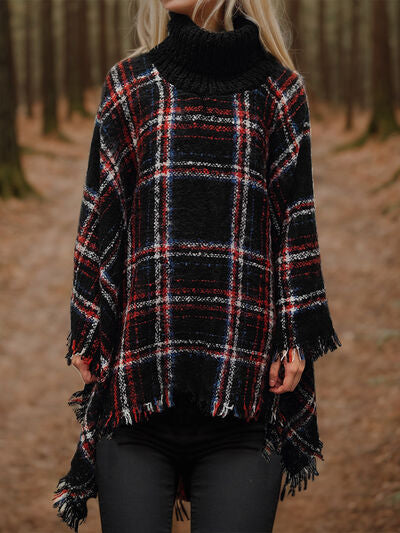 Turtleneck Plaid Raw Hem Sweater - Flyclothing LLC