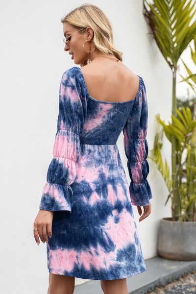 Tie-Dye Square Neck Flounce Sleeve Dress - Flyclothing LLC