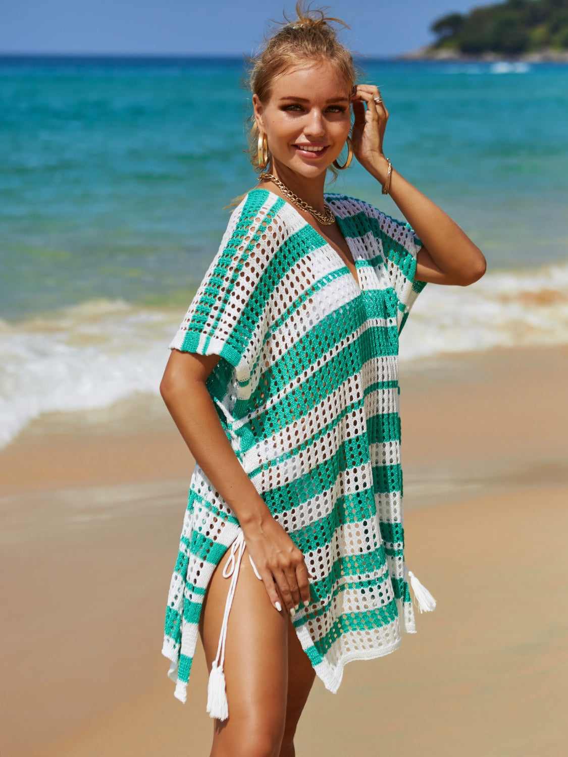 Tassel Openwork Striped V-Neck Cover Up - Flyclothing LLC