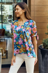 Petal Dew Full Size Floral V-Neck Tie Detail Blouse - Flyclothing LLC