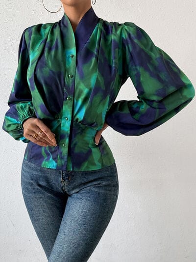 Tie-Dye Button Up Balloon Sleeve Blouse - Flyclothing LLC