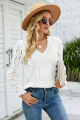 V-Neck Flounce Sleeve Lace Top - Flyclothing LLC