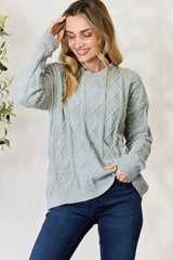 BiBi Cable Knit Round Neck Sweater - Trendsi