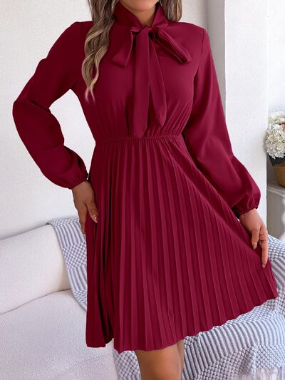 Tie Neck Balloon Sleeve Pleated Dress - Flyclothing LLC