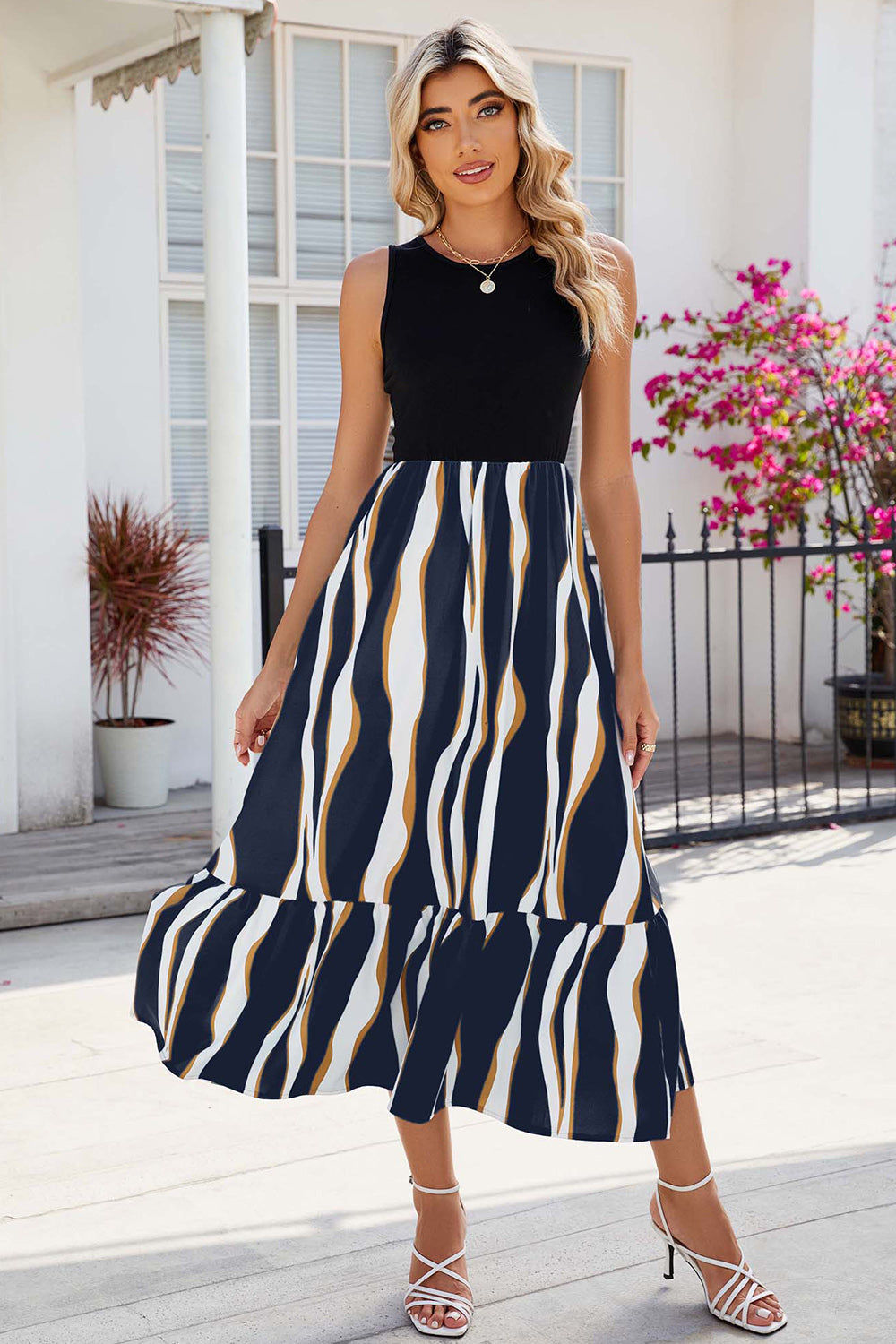 Striped Round Neck Sleeveless Midi Dress - Flyclothing LLC