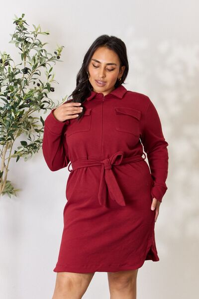 Culture Code Full Size Tie Front Half Zip Long Sleeve Shirt Dress - Flyclothing LLC