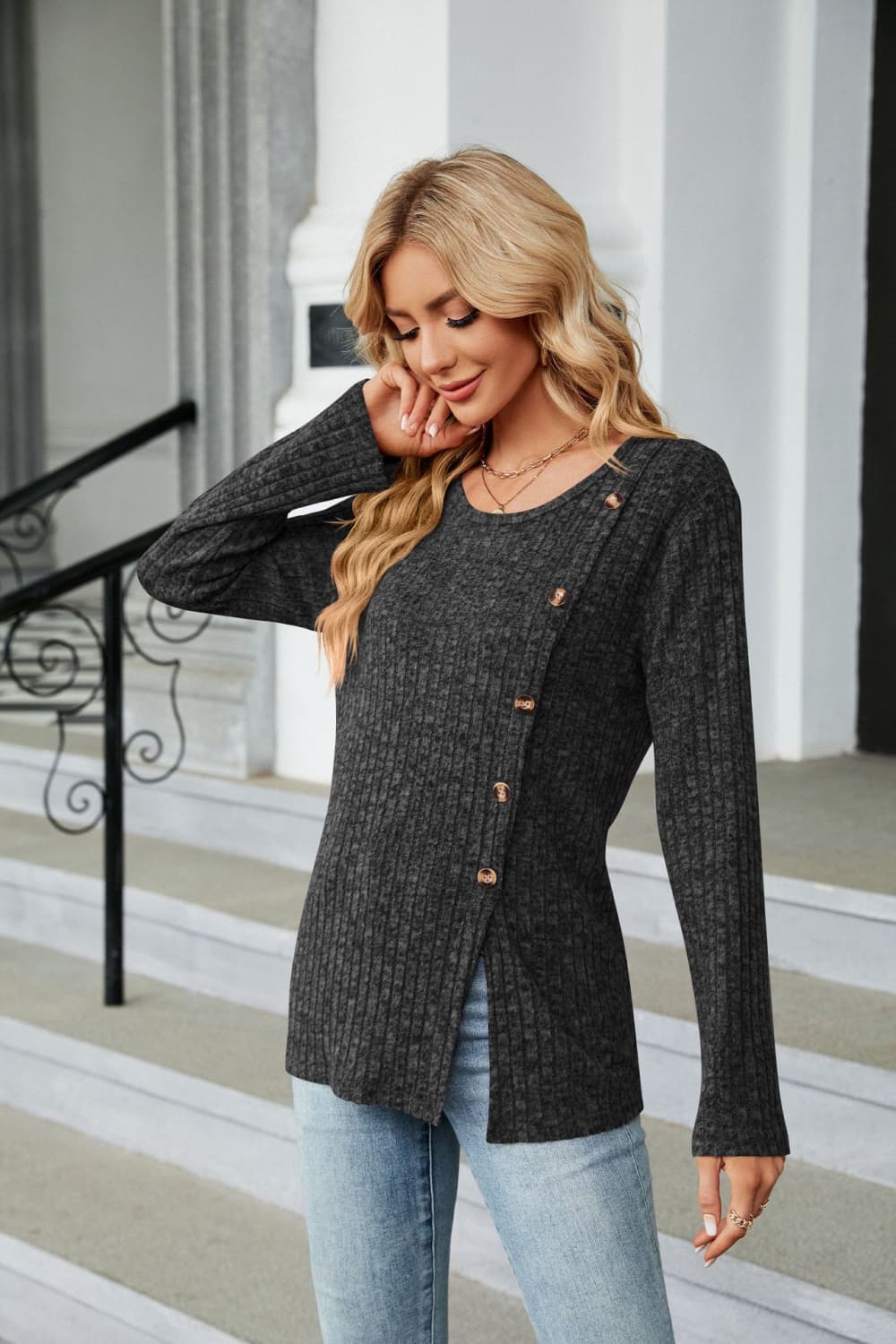 Buttoned Long Sleeve Slit Top - Flyclothing LLC