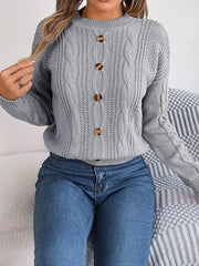 Cable-Knit Buttoned Round Neck Sweater - Flyclothing LLC