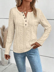 Openwork Half Button Long Sleeve Blouse - Flyclothing LLC