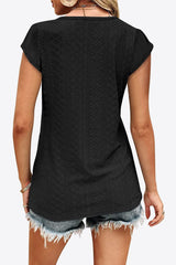 Eyelet Contrast V-Neck Tee - Trendsi