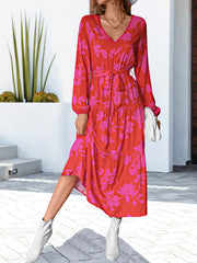 Floral V-Neck Long Sleeve Dress - Flyclothing LLC