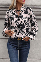 Printed Tie Neck Balloon Sleeve Blouse - Flyclothing LLC