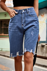 Raw Hem High Waist Denim Shorts with Pockets - Flyclothing LLC