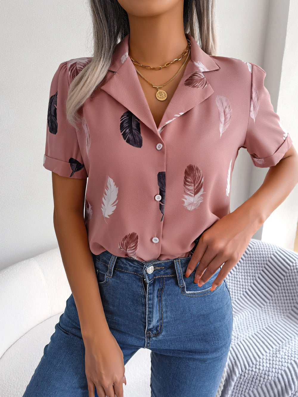 Feather Print Lapel Collar Puff Sleeve Shirt - Flyclothing LLC