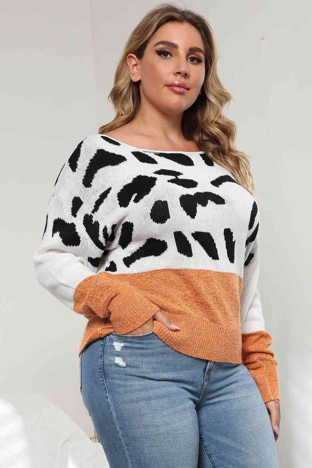 Plus Size Leopard Round Neck Long Sleeve Sweater - Flyclothing LLC