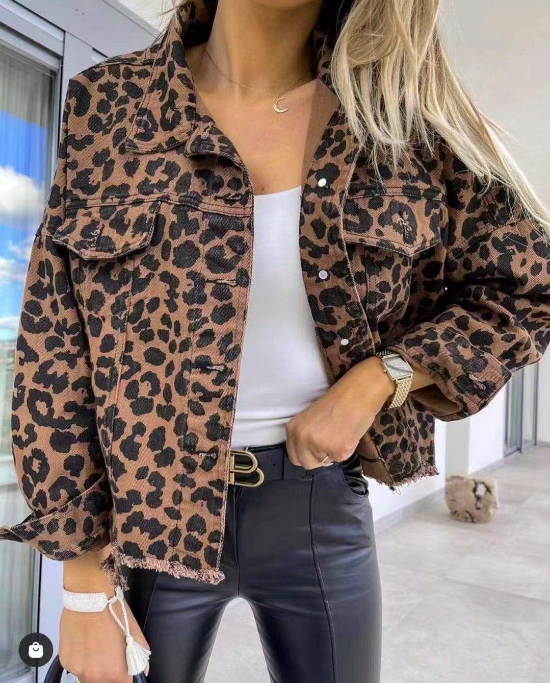 Leopard Raw Hem Denim Jacket - Trendsi