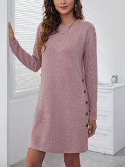 Decorative Button Round Neck Dress - Flyclothing LLC